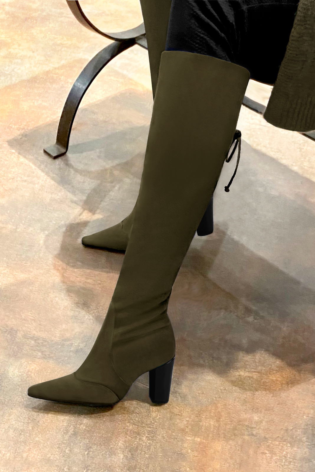 Khaki green women's knee-high boots, with laces at the back. Pointed toe. High block heels. Made to measure. Worn view - Florence KOOIJMAN